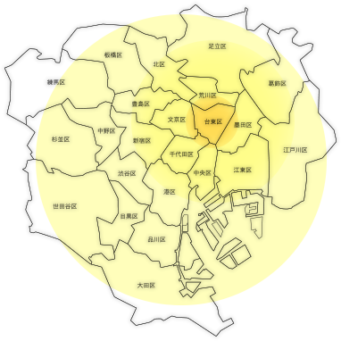 東京台東区を中心とした対象地域のマップ